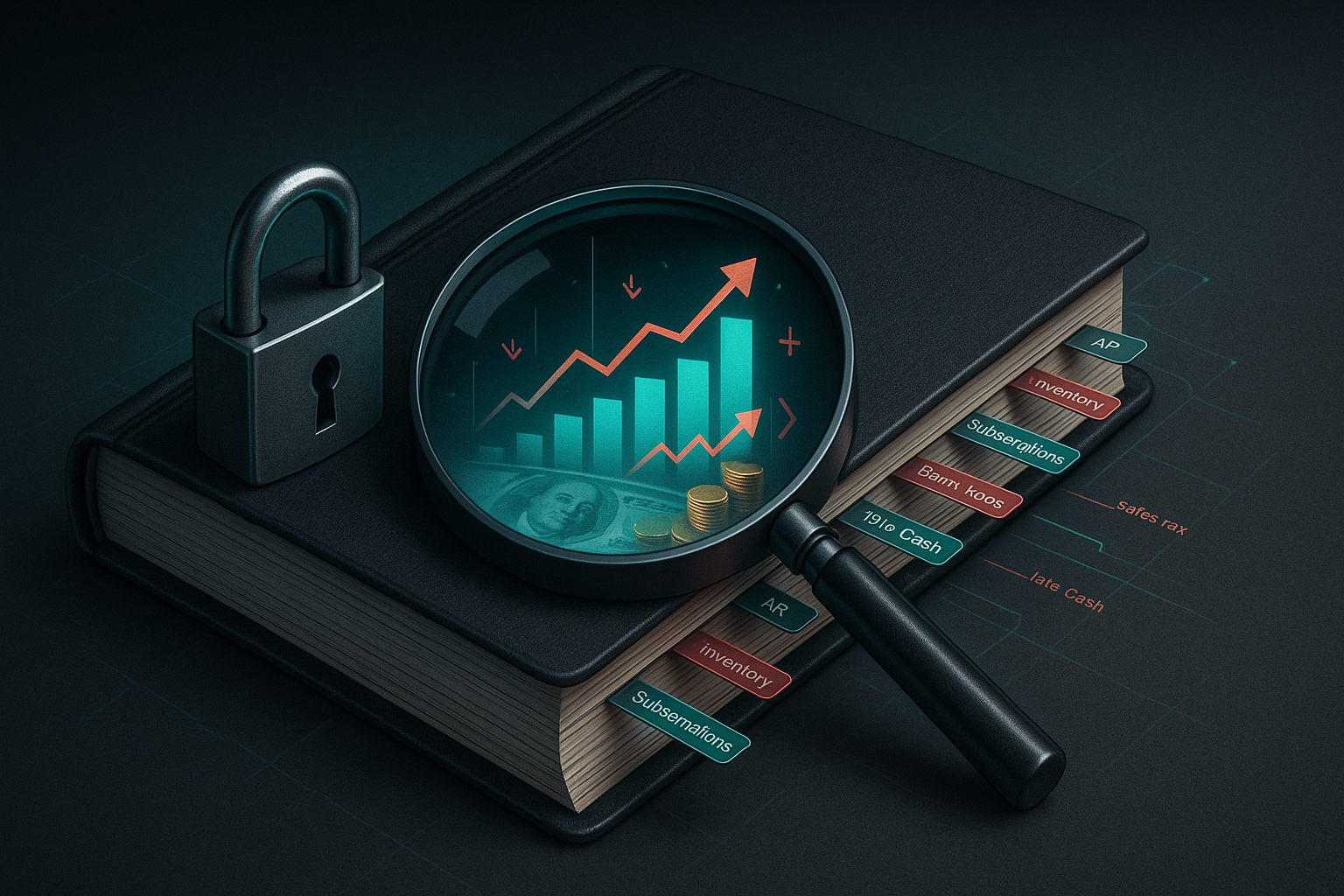 Padlocked ledger with magnifying glass revealing rising profit bars—symbolizing uncovering hidden profits in bookkeeping.